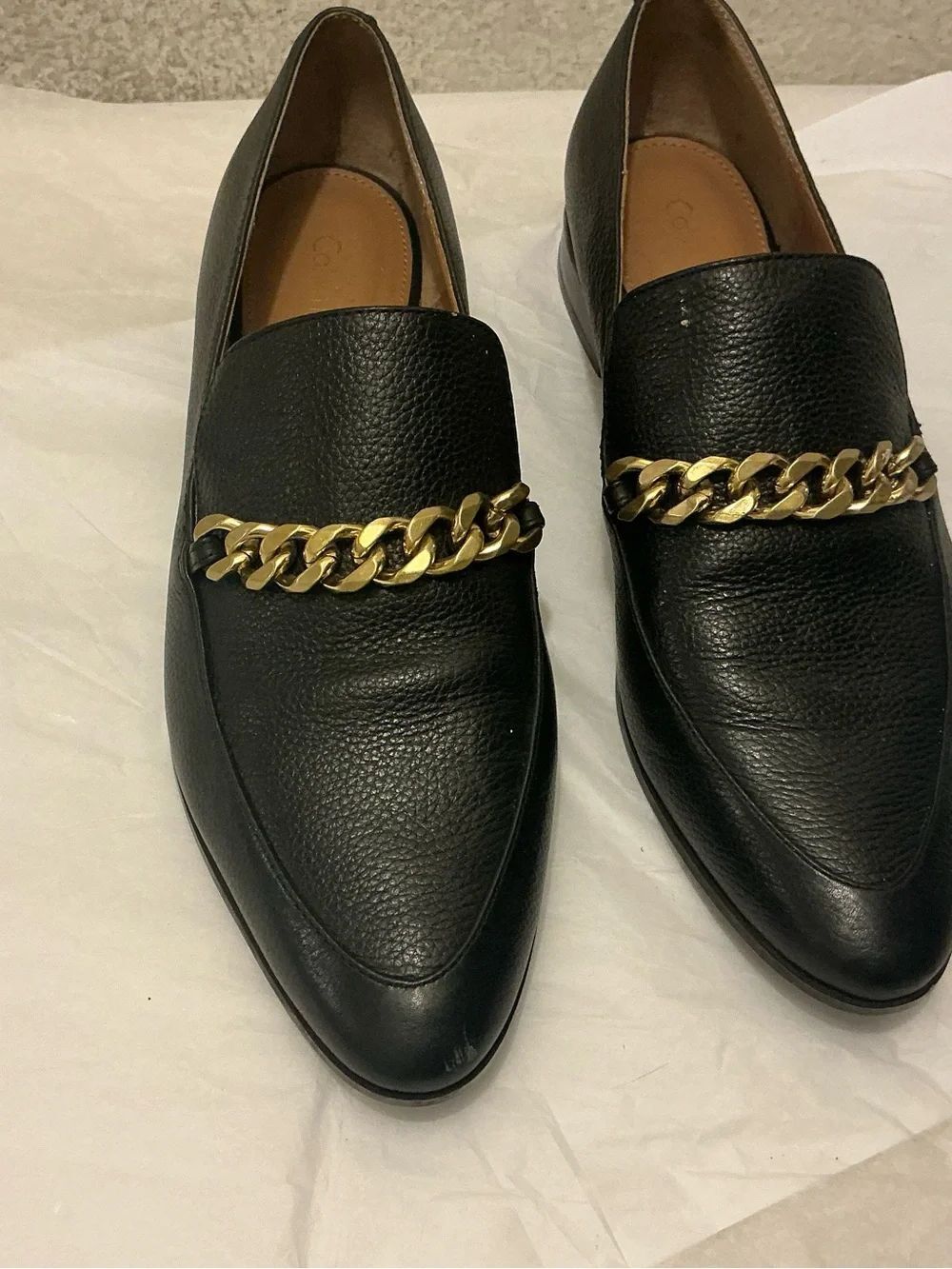 Calvin Klein Fanna Jeans Black Leather Pointed Mules with Gold Chain Accent 8/38